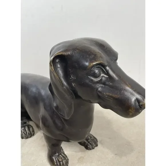 Dachshund Dog Sculpture Brass Metal Patina Life Size 16L 10H Seated Position
